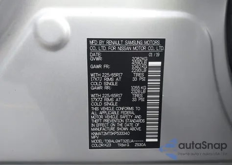 2019 Nissan Rogue Sv from USA, damaged, VIN KNMAT2MT5KP533340